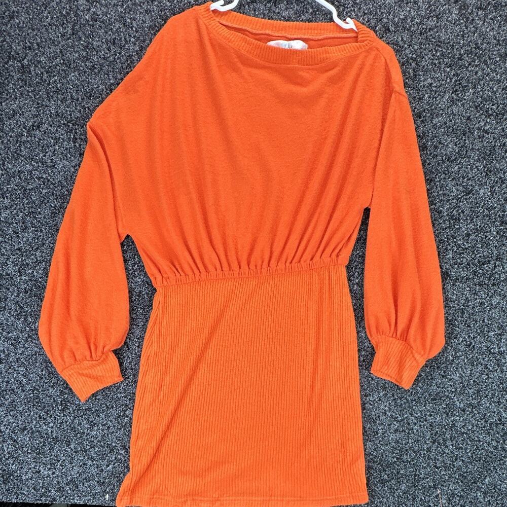 Free People Womens M Orange Red Ribbed Mini Dress Long Sleeve NWT